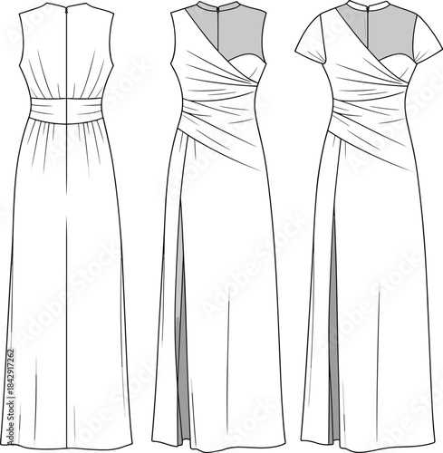 CAD drawing flat vector illustration of elegant draped evening dress with mesh neckline, side slit, sleeveless and short sleeve option