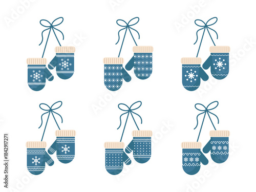 Warm clothing for hands vector illustration. Assorted designs of hanging wool gloves for New Year and Christmas season
