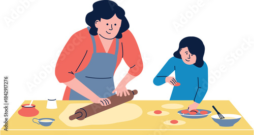Mother and daughter baking together. Cooking family time
