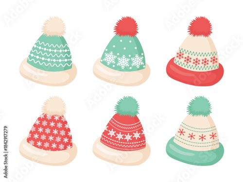 Cute Christmas holiday hats vector illustration. Red and mint green winter caps with Nordic patterns for seasonal design