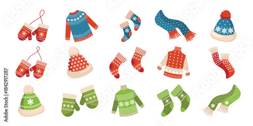 New Year and Christmas clothing kit. Colorful wool accessories and sweaters with geometric patterns isolated vector set