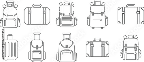 Black travel bag icon set in line style, luggage symbol collection featuring backpacks, suitcases and trolley group, minimal monochrome baggage vector illustration pack with synonym elements