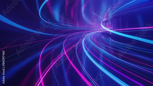 Abstract swirling neon light trails in vibrant blue and pink hues creating a futuristic tunnel effect on a dark background