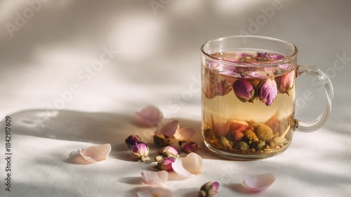 Rose Petal Tea in Glass Cups, Floral Herbal Infusion