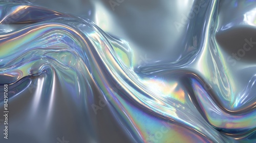 The image showcases an abstract surface featuring silky and glossy textures with colorful iridescence reflecting light.
