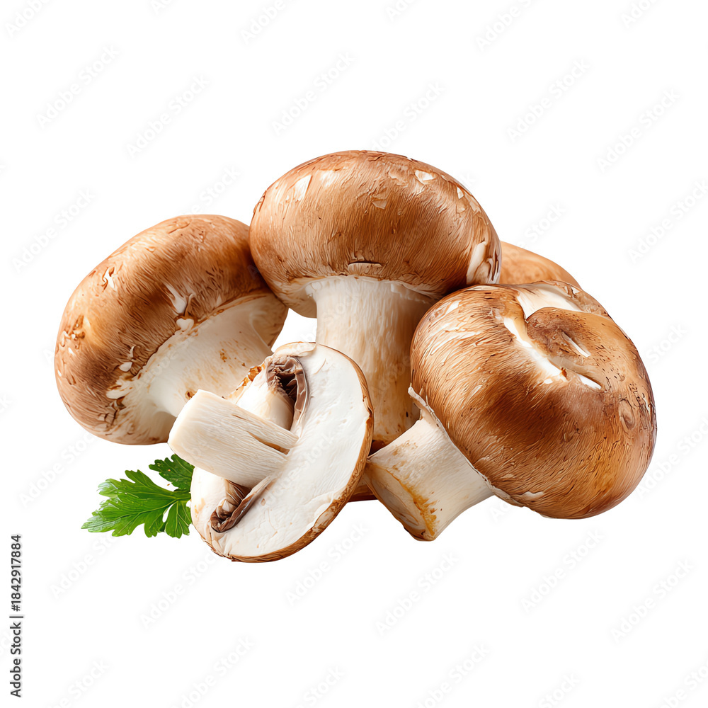 Fototapeta premium Fresh brown mushrooms with parsley on a white isolated background.