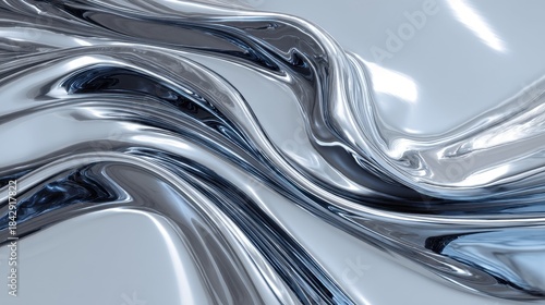 A shiny, flowing silver liquid surface with smooth curves, reflecting light and creating an abstract visual of fluidity and movement.