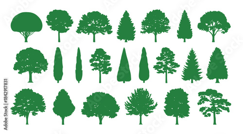 A comprehensive collection of diverse tree silhouettes illustrating various shapes and species