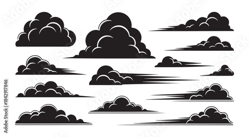 A collection of black silhouette cloud illustrations featuring motion blur effects