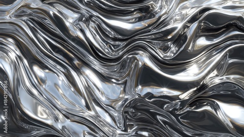 This image depicts a fluid, silver metallic surface with intricate waves and reflections, showcasing a creative and artistic texture.