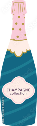 Champagne cute color drawing. Alcohol drink bottle
