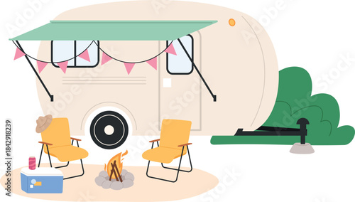 Camping trailer. Festival campsite or vacation outdoor place