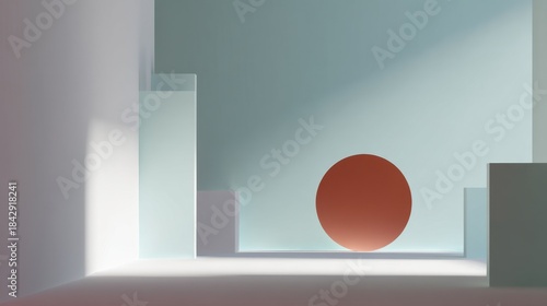 This image features an abstract geometric design with soft colors and a prominent circle set against a minimalistic background.