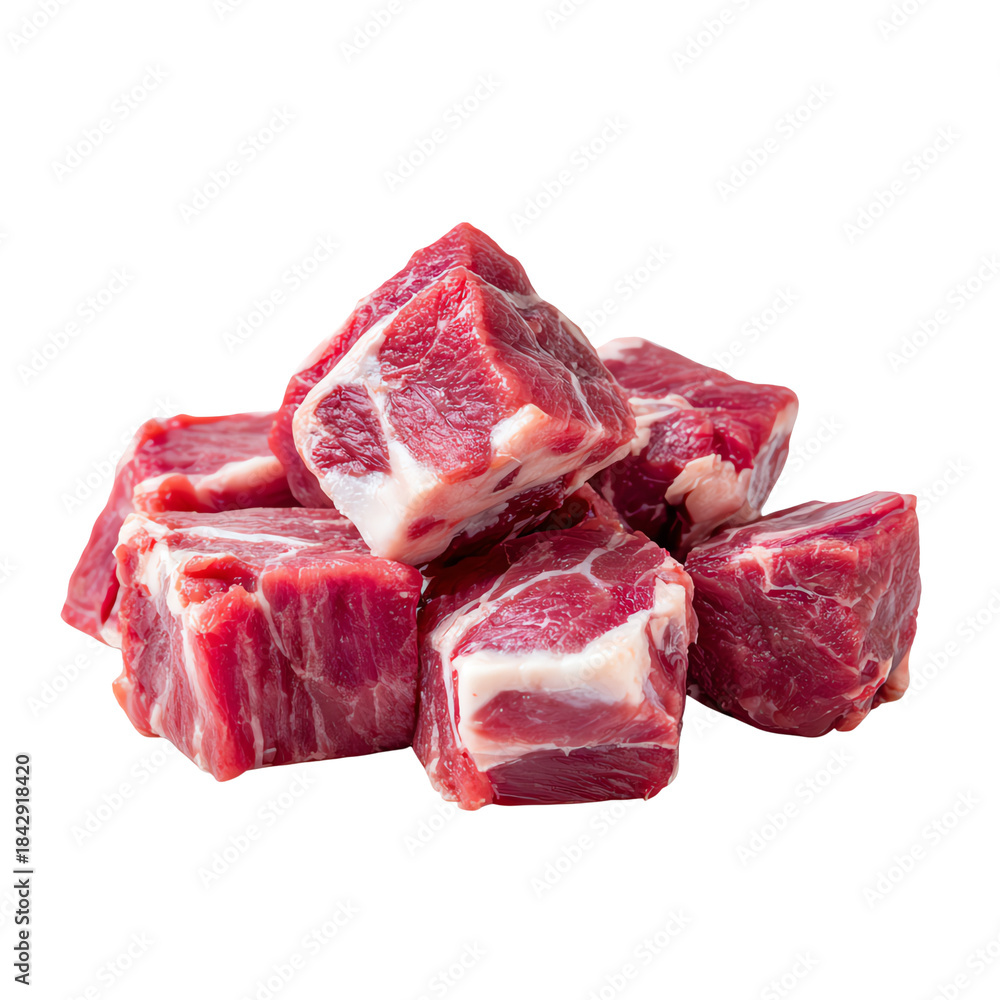 Fototapeta premium Fresh, diced pieces of beef on a white isolated background, perfect for culinary presentations.