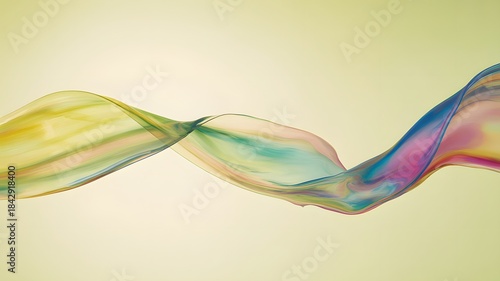 Vibrant flowing translucent fabric wave with rainbow colors against a soft yellow background abstract artistic motion