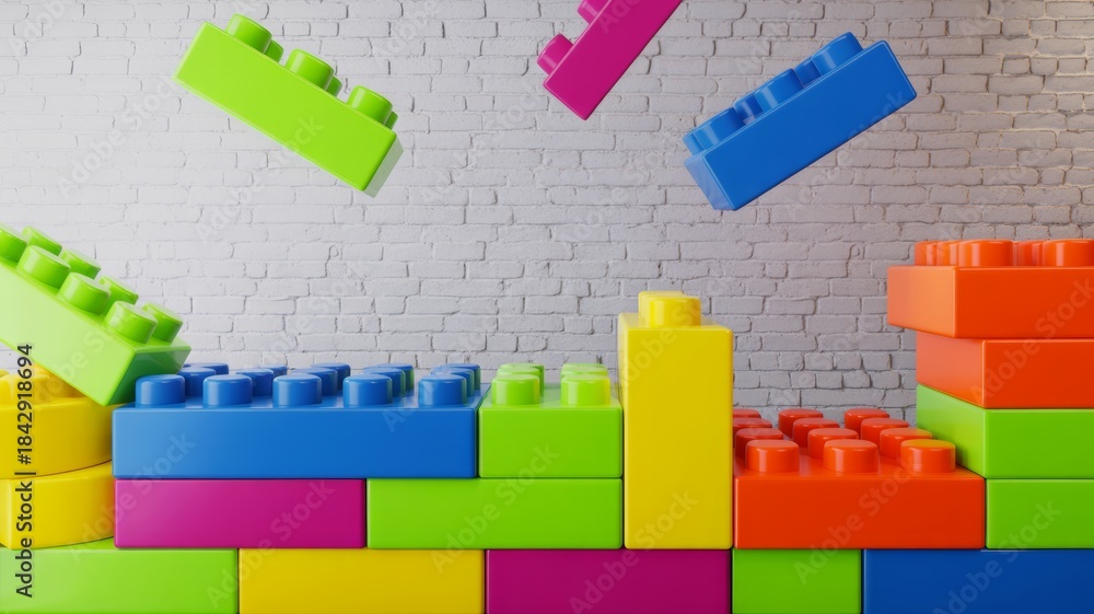 Fototapeta premium A colorful arrangement of building blocks, resembling a playful construction scene against a textured wall.