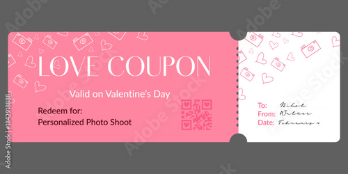 Vector love coupon featuring the text “personalized photo shoot”, decorated with heart and camera line icons, romantic pink color palette, clean layout, and elegant typography for Valentine’s Day