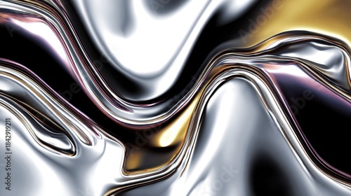 An abstract image featuring smooth flowing metallic shapes in silver, gold, and black tones, creating a dynamic and visually engaging texture.