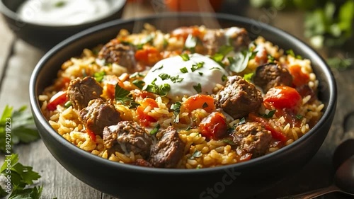 Delicious Lamb Kofta with Bulgur Pilaf and Yogurt Sauce.