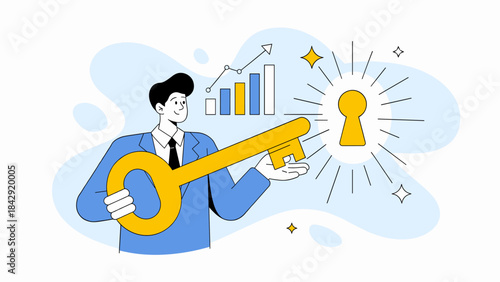 businessman holding a large key pointing to a keyhole vector illustration,  business solutions