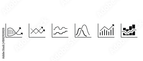 A modern vector icon set featuring business growth charts, financial analytics, market data, and progress indicators. Ideal for presentations, infographics, reports, and trend visualization.
