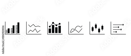 A modern vector icon set featuring business growth charts, financial analytics, market data, and progress indicators. Ideal for presentations, infographics, reports, and trend visualization.
