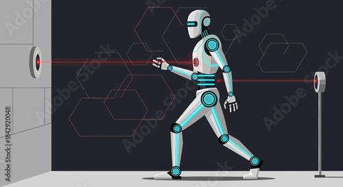 Futuristic android navigation with laser targeting and hexagonal geometric patterns