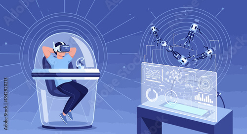 Futuristic augmented reality experience with user interface and robotic arms controlling a virtual