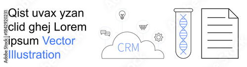 Cloud computing, biotechnology, data analysis, business solutions, online tools, research innovation. Graphic showing CRM cloud, DNA strand and document icon. Cloud computing and biotechnology