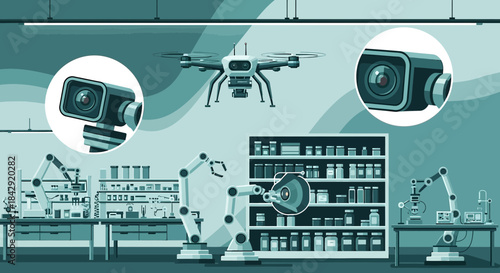 Futuristic automated laboratory scene with robotic arms, drone and security camera monitoring