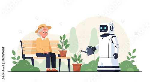 Futuristic companionship: Elderly woman enjoys garden with robot caregiver illustration