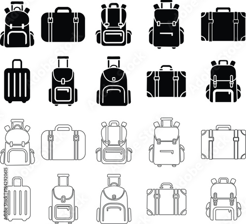 Black travel bag icon set in flat and line style, luggage symbol collection featuring backpacks, suitcases and trolley group, minimal monochrome baggage vector illustration pack with synonym elements