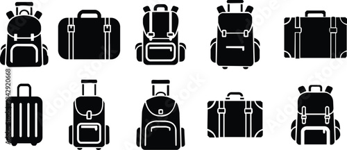 Black travel bag icon set in flat style, luggage symbol collection featuring backpacks, suitcases and trolley group, minimal monochrome baggage vector illustration pack with synonym elements
