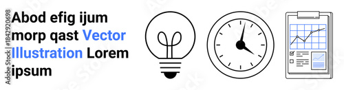 Business strategy, innovation, analytics, time management, productivity, corporate planning. Light bulb icon, clock clipboard with graph. Innovation and business strategy concept
