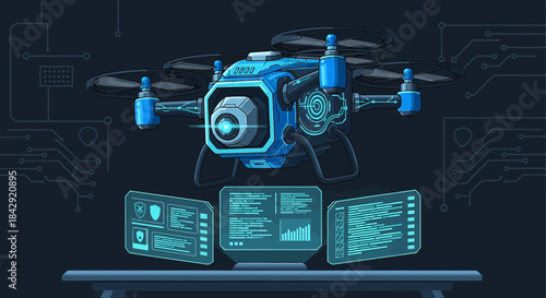 Futuristic drone technology with integrated security and data analysis systems in operation