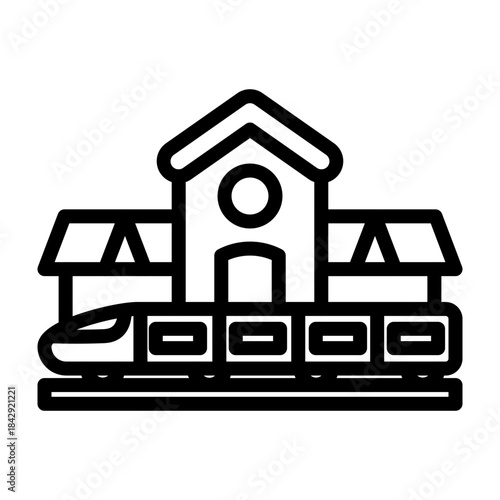 Train Station Building Vector Line Icon Design