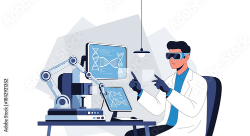 Futuristic genome laboratory: scientist analyses dna structure with advanced technology and