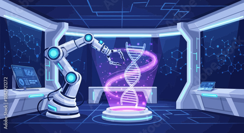 Futuristic genetic engineering lab with robot arm manipulating a glowing DNA strand
