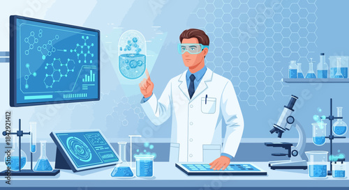 Futuristic healthcare: Scientist interacting with advanced technology in laboratory setup