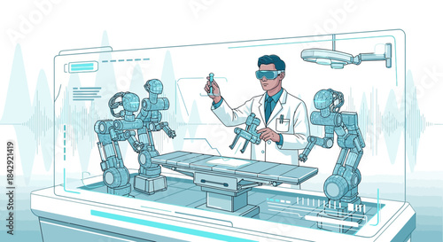 Futuristic healthcare environment showcasing robotic surgery with augmented reality integration in