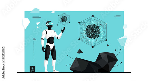 Futuristic humanoid robot exploring digital realm with geometric data visualizations