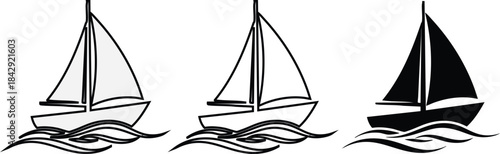 Vector illustration set featuring three stylized sailboats gracefully navigating waves, presented in monochrome for simple, versatile graphic design