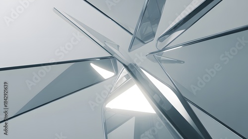 Abstract geometric explosion of sharp crystal shards and light reflecting from a fractured surface with a bright center