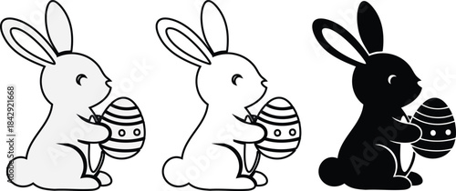 Adorable Easter Bunny Vector Illustration Set Featuring a Rabbit Holding a Decorated Egg, Perfect for Spring Holiday Designs and Celebrations