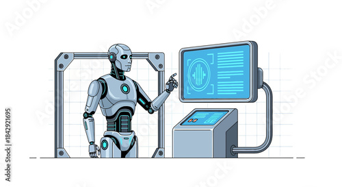 Futuristic interaction interface: robot's hand points to a high tech screen displaying data and