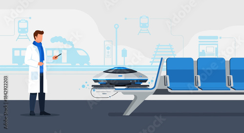 Futuristic public space cleaning and hygiene maintenance with automated robot in train station