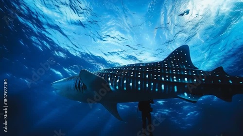 Diver swims with majestic whale shark underwater in clear blue ocean.