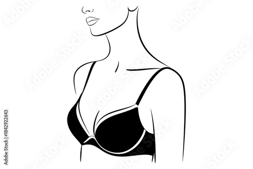 Stylized illustration of a woman wearing a dark bra with thin straps, showcasing elegant fashion lines, soft contours, modern minimalist aesthetics, and refined artistic design suitable for creative p