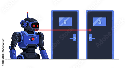 Futuristic robot scanning locked doors with laser technology for automated entry system