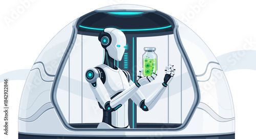 Futuristic robotic researcher analyzing a green sample inside a high-tech chamber facility